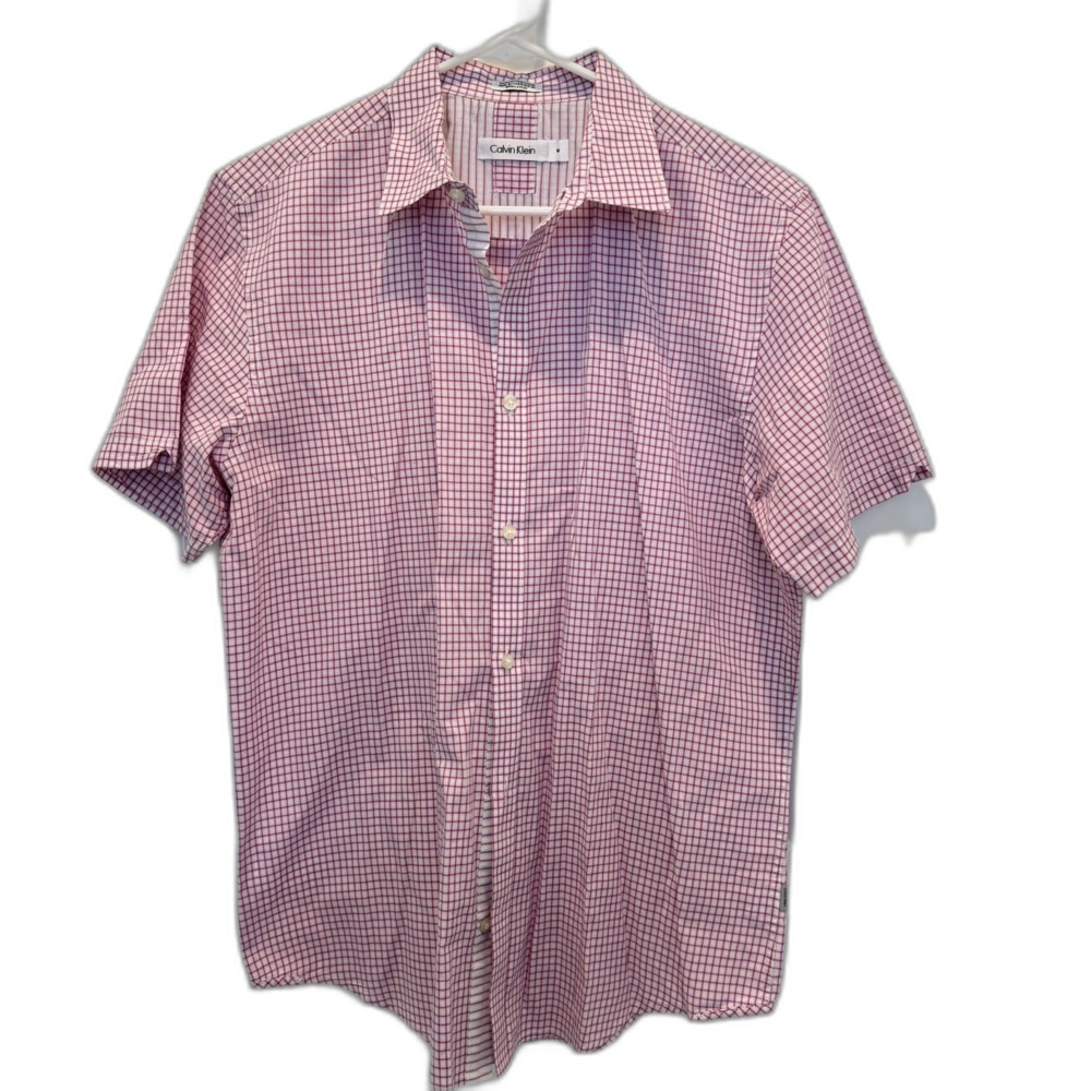 Mens Calvin Klein short sleeve button down tattersall plaid shirt Med